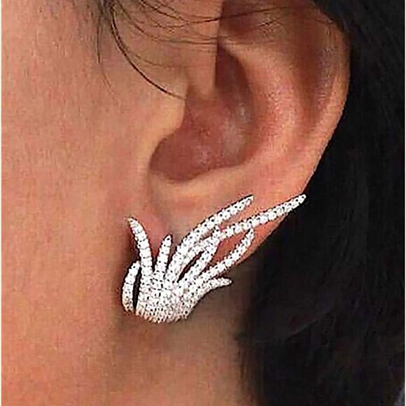 Silver Zirconia Leaf Micro Paved Earrings, Wedding, Anniversary, Bridal - Picture 1 of 10